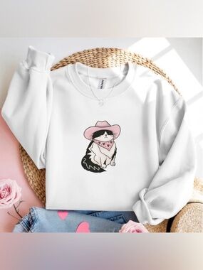 White Gildan Crewneck Pink Cowgirl Cat Graphic Sweatshirt Cute Western Gift